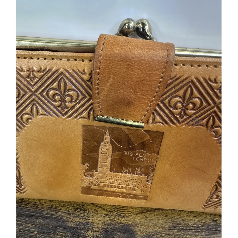 Vintage London Big Ben Tower Bridge Real Leather Kiss Lock Bifold Wallet England - Picture 3 of 16